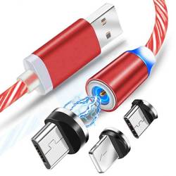AM67 | 3 in 1 | 1M Magnetisch LED Fließendes Streamer Leuchtet Kabel für Micro USB, USB C, Lightning Gerät | Nylon Handy Ladekabel QC 3.0 2.4A