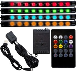 Oświetlenie LED RGB wnętrza samochodu pod USB | łączność Bluetooth z aplikacją w telefonie | 4x pasek LED 9 diod 5050 15cm | pilot IR | tryby muzyczne