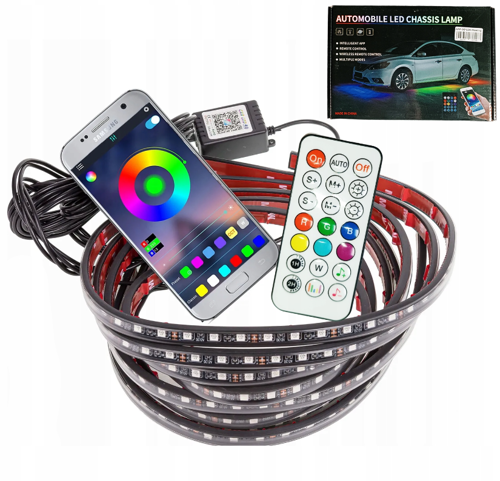 Taśma LED pod samochód | RGB NEON | Łączność Bluetooth z aplikacja na telefonie | Długość pasków: 90cm x 2 i 120cm x 2